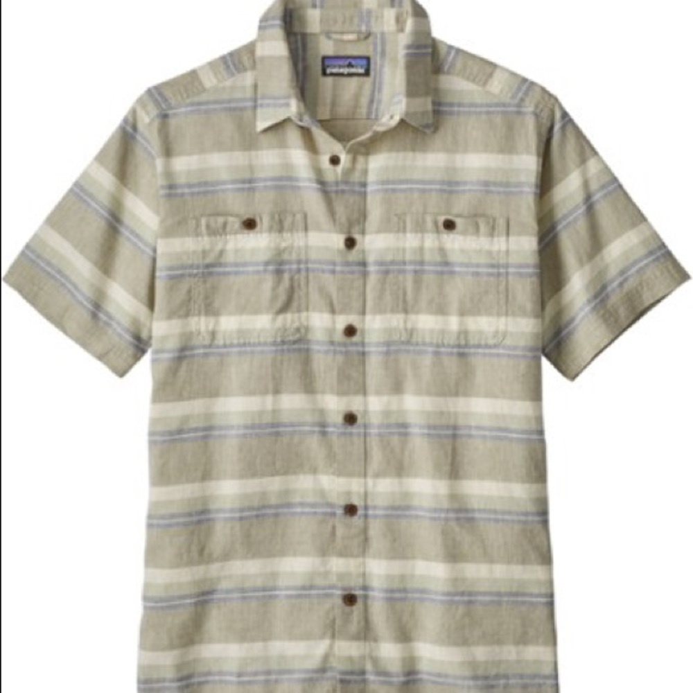 Patagonia Beige and Blue Striped Casual Button Down Shirt